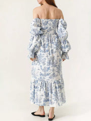 Bohemian With Off-Shoulder Print Puffed Sleeves Midi Dress