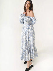 Bohemian With Off-Shoulder Print Puffed Sleeves Midi Dress