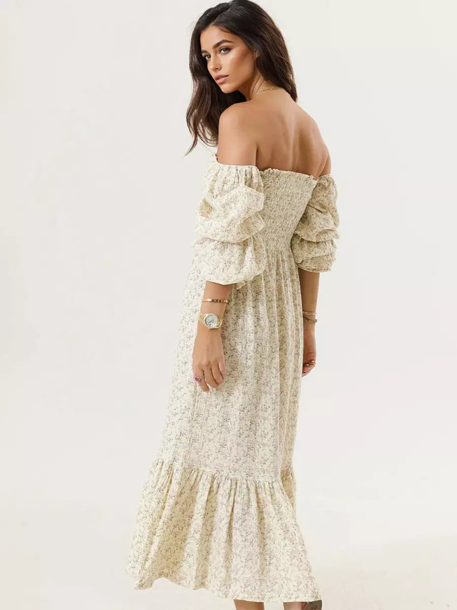 Bohemian With Off-Shoulder Print Puffed Sleeves Midi Dress
