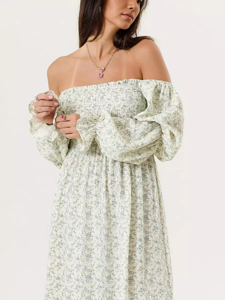 Bohemian With Off-Shoulder Print Puffed Sleeves Midi Dress