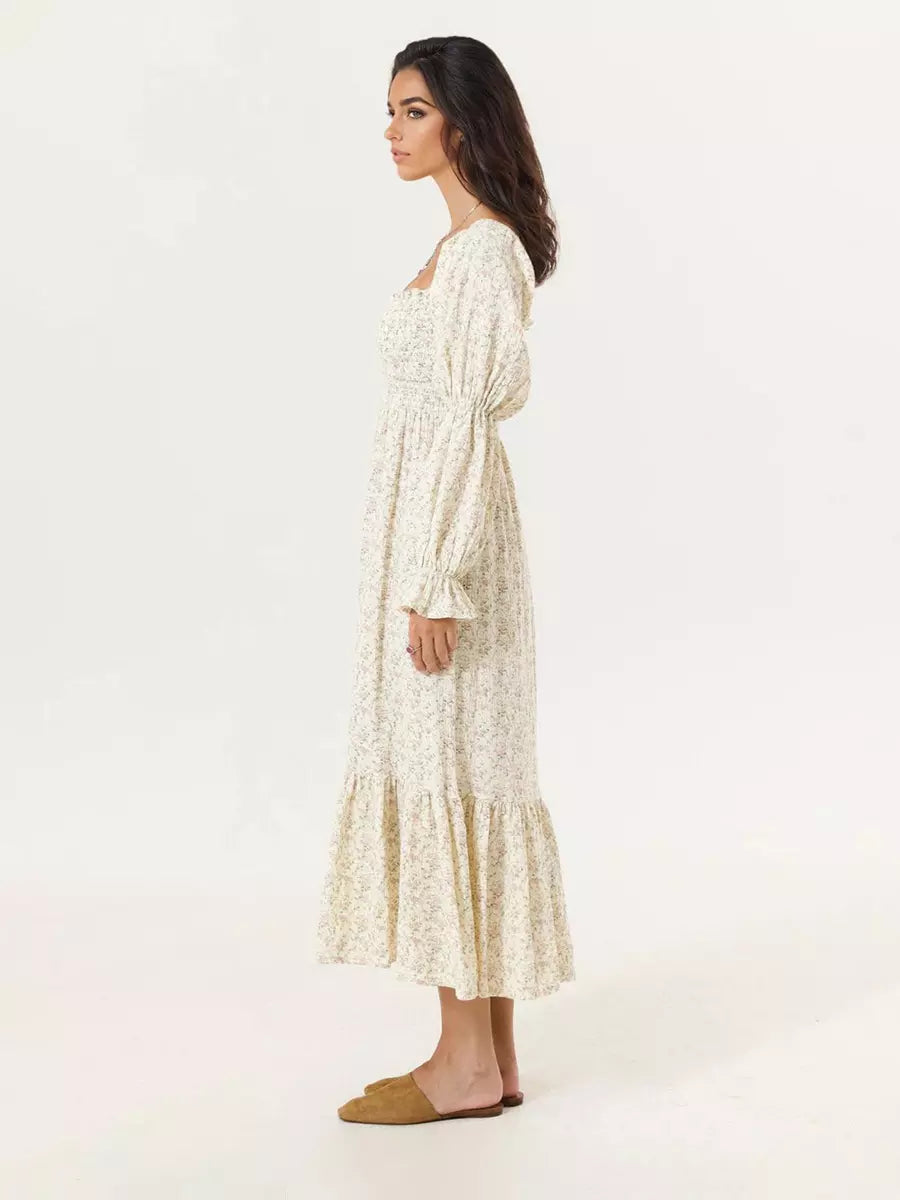 Bohemian With Off-Shoulder Print Puffed Sleeves Midi Dress