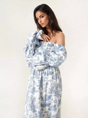 Bohemian With Off-Shoulder Print Puffed Sleeves Midi Dress