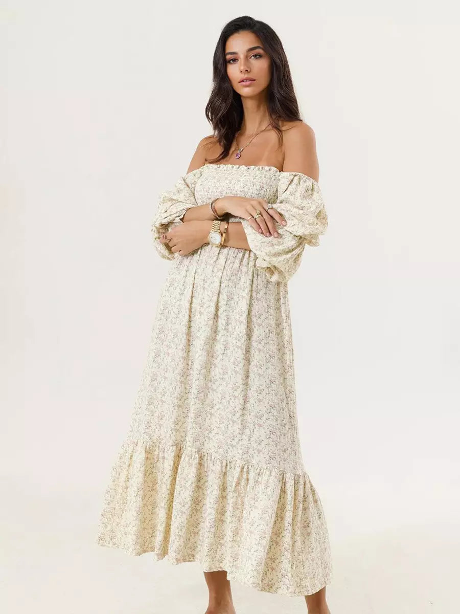 Bohemian With Off-Shoulder Print Puffed Sleeves Midi Dress