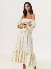 Bohemian With Off-Shoulder Print Puffed Sleeves Midi Dress