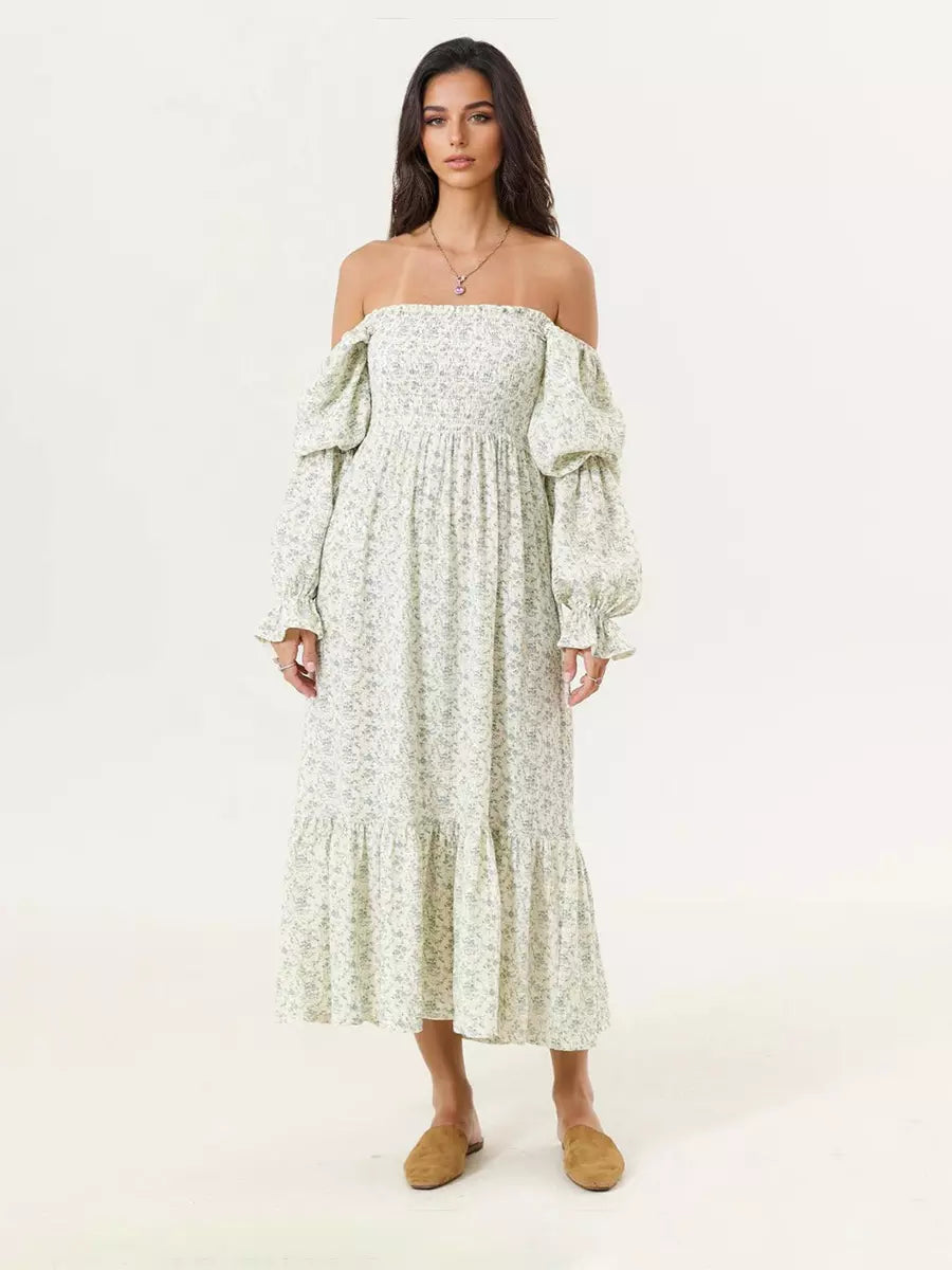 Bohemian With Off-Shoulder Print Puffed Sleeves Midi Dress