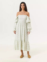 Bohemian With Off-Shoulder Print Puffed Sleeves Midi Dress