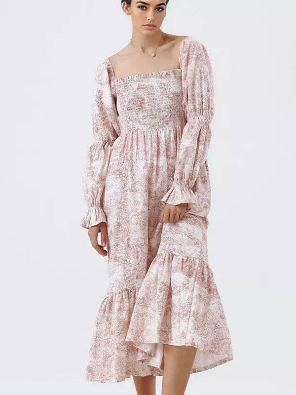Bohemian With Off-Shoulder Print Puffed Sleeves Midi Dress