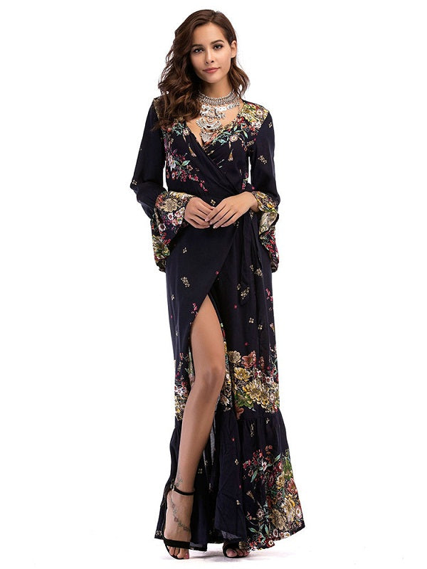 Bohemian floral print V-neck between Split Maxi dress