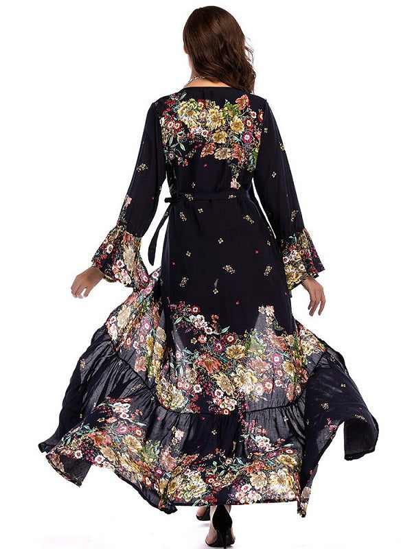 Bohemian floral print V-neck between Split Maxi dress