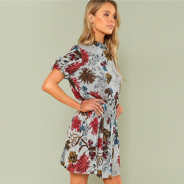 Bohemian Beach Ruffle Floral Stand Collar Dress