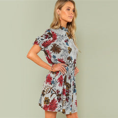 Bohemian Beach Ruffle Floral Stand Collar Dress