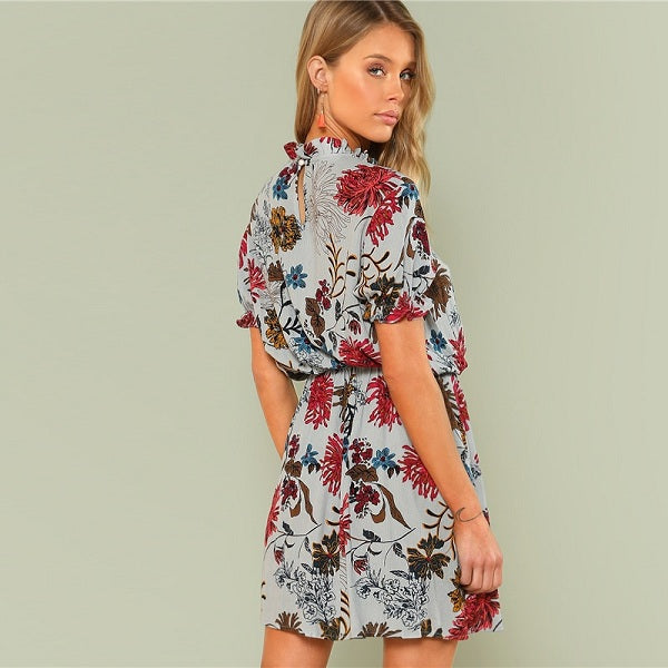 Bohemian Beach Ruffle Floral Stand Collar Dress