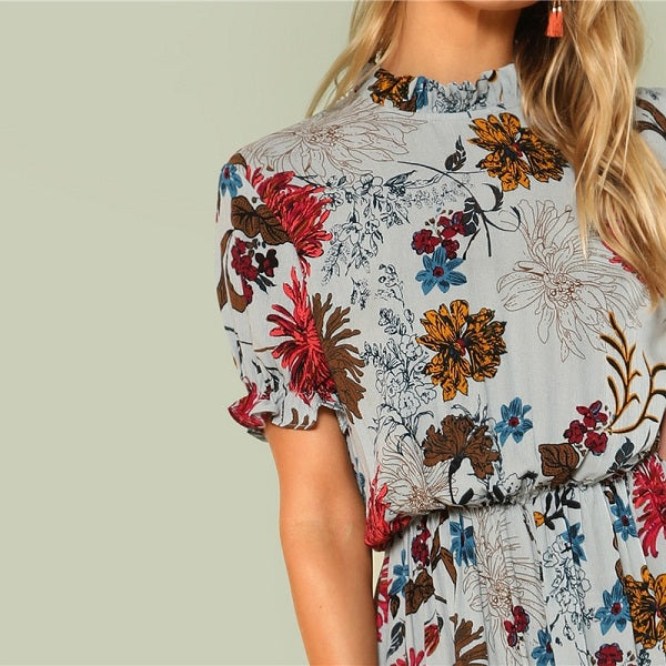 Bohemian Beach Ruffle Floral Stand Collar Dress