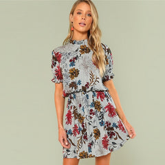 Bohemian Beach Ruffle Floral Stand Collar Dress