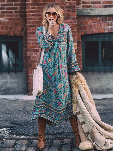 Boho Dress Full Sleeve Loose Printed Shift Long Dress