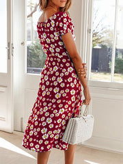 Boho Dress Lace Up U Neck Short Sleeves Floral Print Drawstring Beach Dress