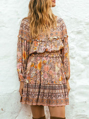 Boho Dress Lace Up V Neck Long Sleeves Floral Print Oversized Beach Dress