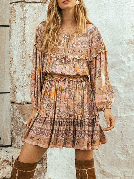 Boho Dress Lace Up V Neck Long Sleeves Floral Print Oversized Beach Dress