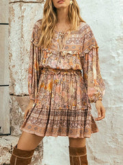 Boho Dress Lace Up V Neck Long Sleeves Floral Print Oversized Beach Dress