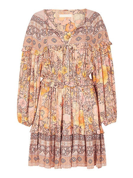 Boho Dress Lace Up V Neck Long Sleeves Floral Print Oversized Beach Dress