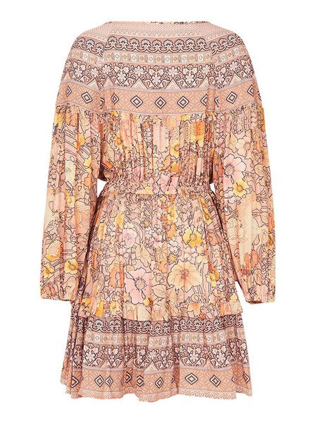 Boho Dress Lace Up V Neck Long Sleeves Floral Print Oversized Beach Dress