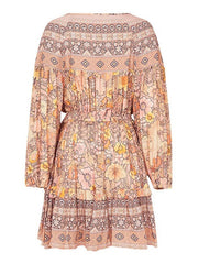 Boho Dress Lace Up V Neck Long Sleeves Floral Print Oversized Beach Dress