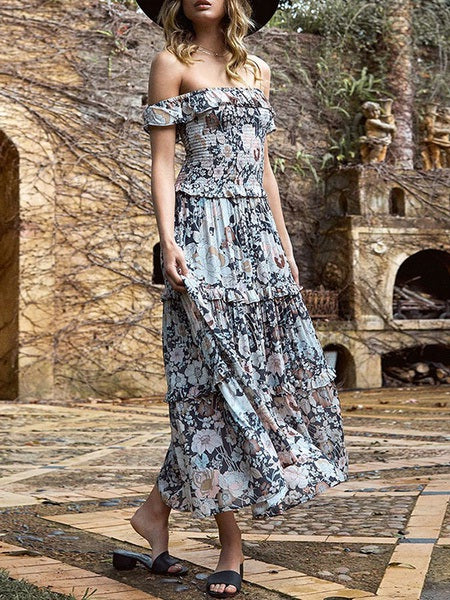 Boho Dress Off The Shoulder Sleeveless Frills Beach Dress