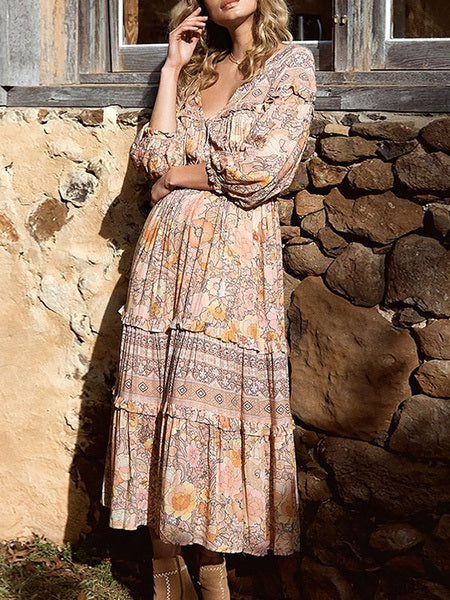 Boho Dress V Neck Long Sleeves Floral Print Beach Dress