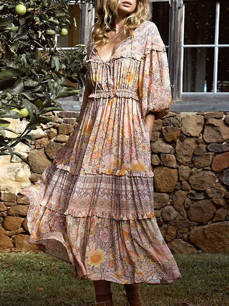 Boho Dress V Neck Long Sleeves Floral Print Beach Dress