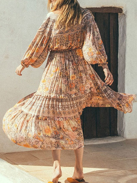 Boho Dress V Neck Long Sleeves Floral Print Beach Dress