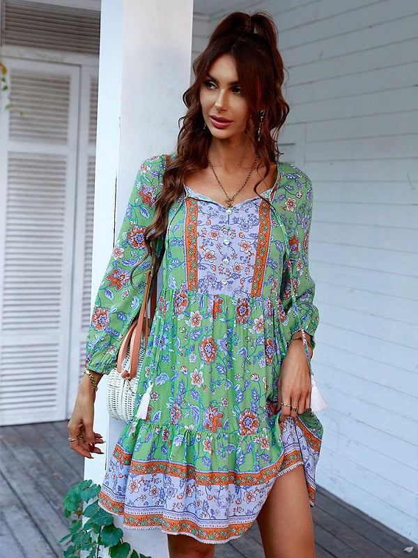 Boho Dress V-Neck Long Sleeves Printed Beach Dress