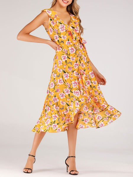 Boho Dress V Neck Sleeveless Printed Irregular Dress