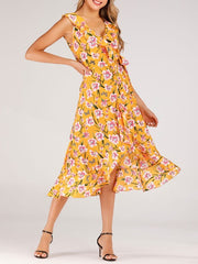 Boho Dress V Neck Sleeveless Printed Irregular Dress