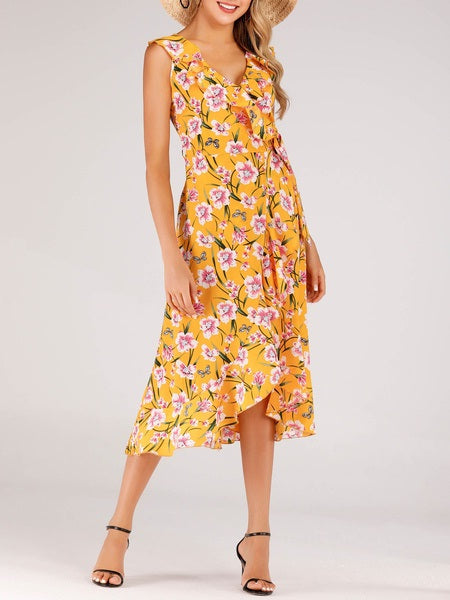 Boho Dress V Neck Sleeveless Printed Irregular Dress