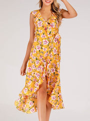 Boho Dress V Neck Sleeveless Printed Irregular Dress