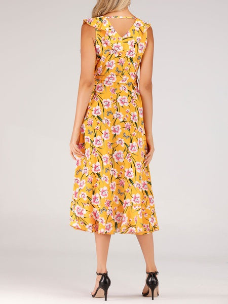 Boho Dress V Neck Sleeveless Printed Irregular Dress