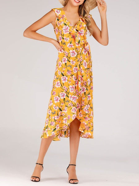 Boho Dress V Neck Sleeveless Printed Irregular Dress