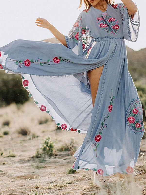 Boho Embroidered V Neck Long Sleeves Beach Dresses