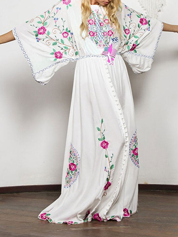 Boho Embroidered V Neck Long Sleeves Beach Dresses