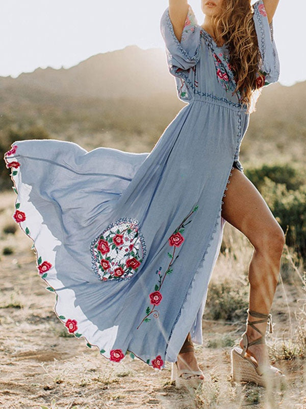 Boho Embroidered V Neck Long Sleeves Beach Dresses