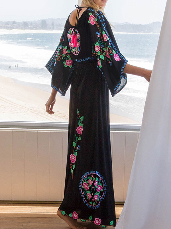 Boho Embroidered V Neck Long Sleeves Beach Dresses