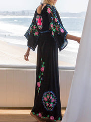 Boho Embroidered V Neck Long Sleeves Beach Dresses