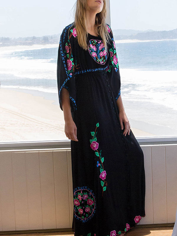 Boho Embroidered V Neck Long Sleeves Beach Dresses