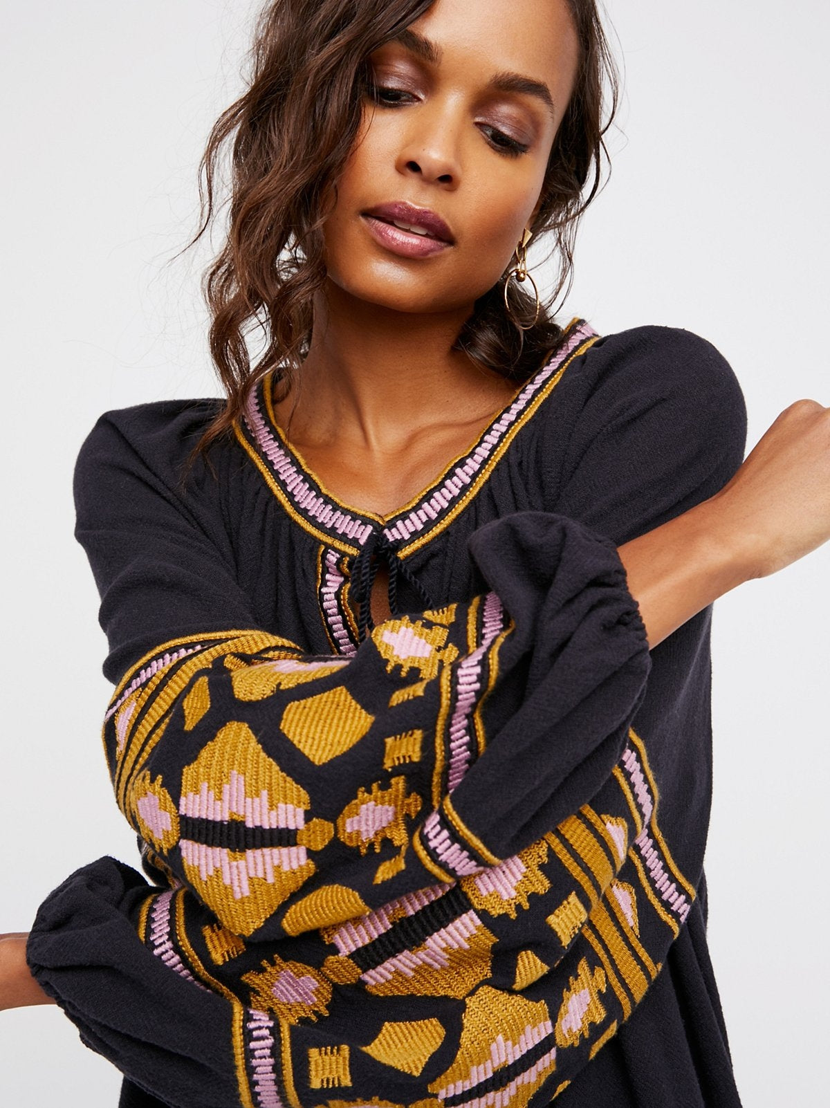 Boho Ethnic Puff Long Sleeve Embroidered Shift Dress