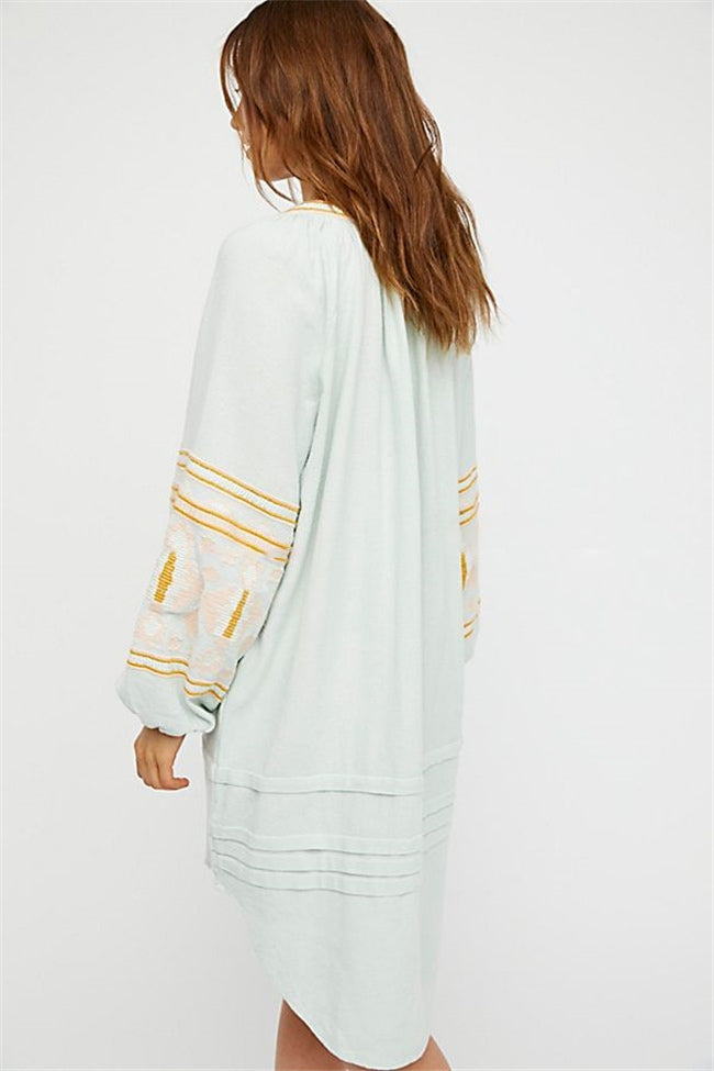 Boho Ethnic Puff Long Sleeve Embroidered Shift Dress
