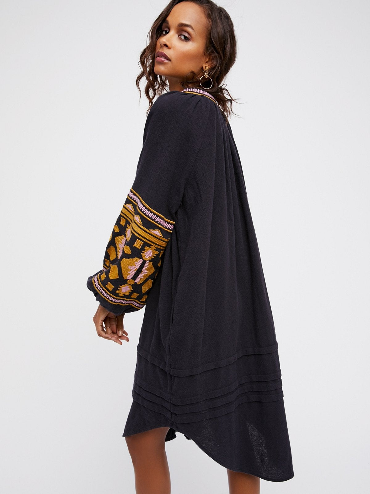 Boho Ethnic Puff Long Sleeve Embroidered Shift Dress