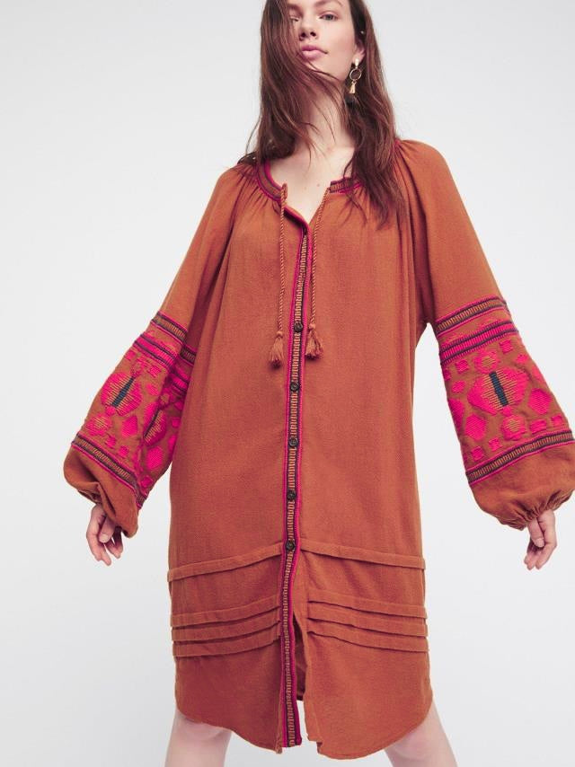 Boho Ethnic Puff Long Sleeve Embroidered Shift Dress