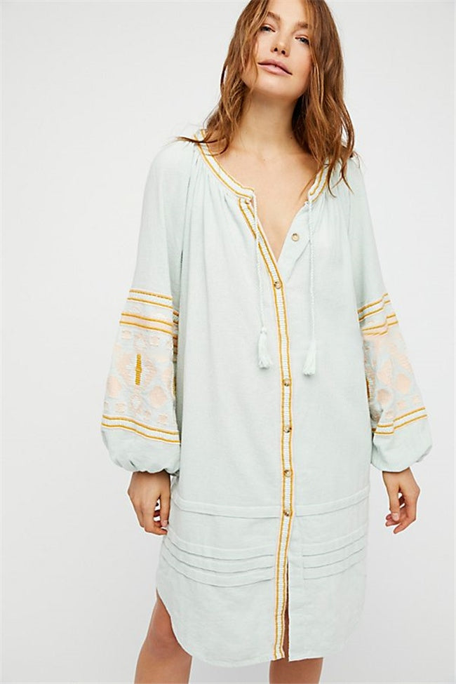 Boho Ethnic Puff Long Sleeve Embroidered Shift Dress