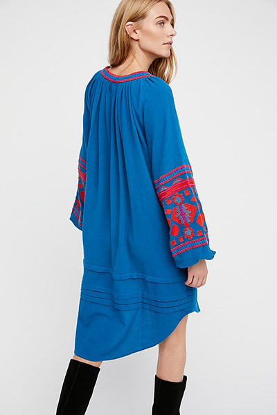 Boho Ethnic Puff Long Sleeve Embroidered Shift Dress