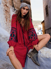 Boho Ethnic Puff Long Sleeve Embroidered Shift Dress